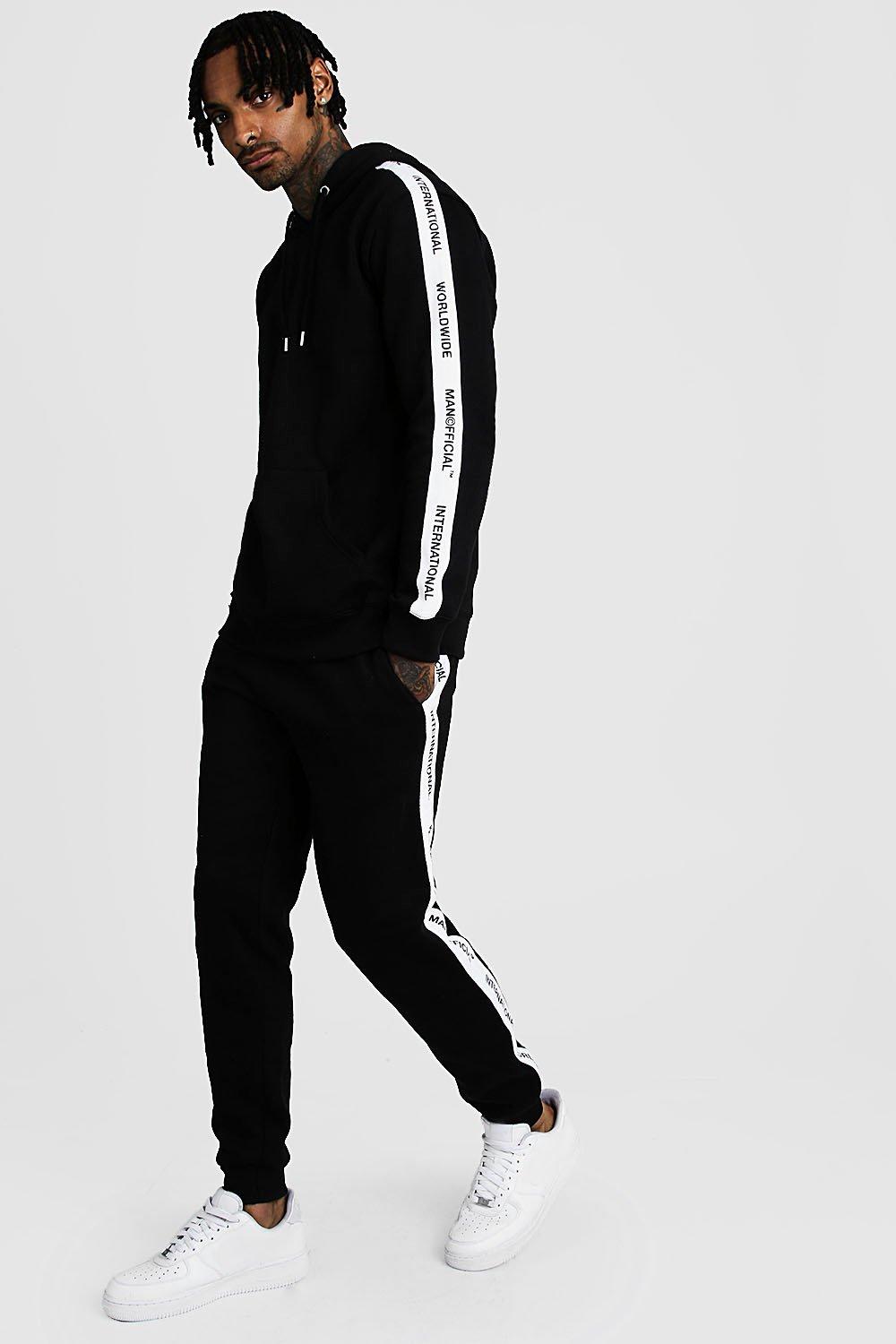 Hooded Tracksuit With MAN Official Tape | Boohoo UK