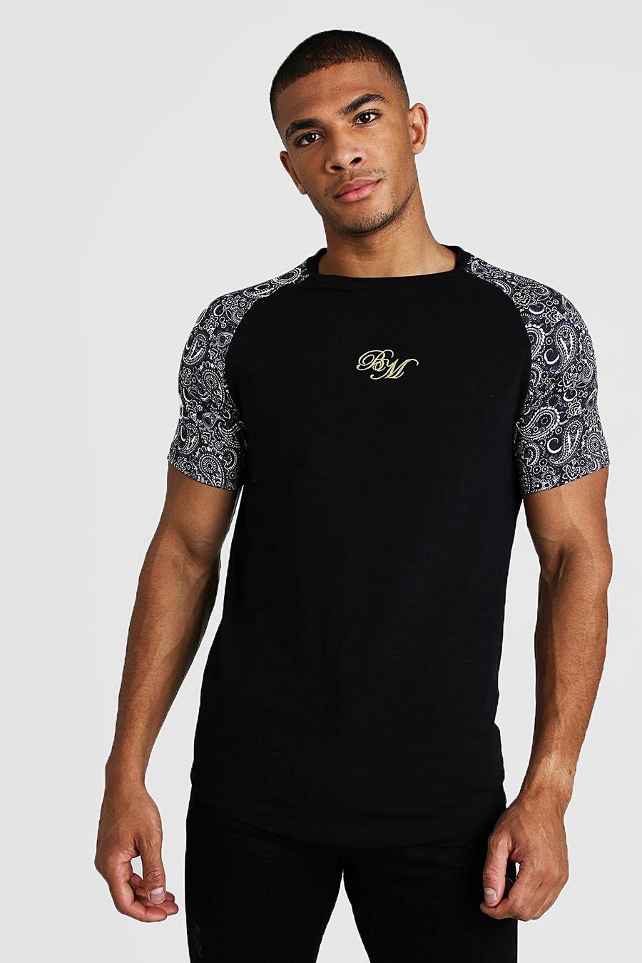 Black BM Muscle Fit Embroidered Paisley Mix Print T-Shirt image number 1