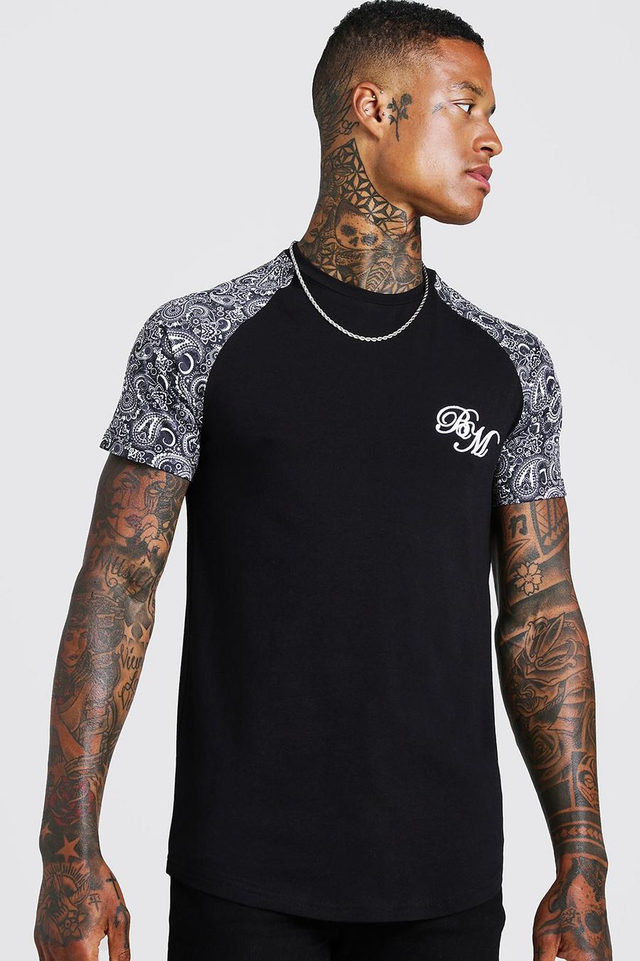 Black BM Embroidered Paisley Sleeve Print T-Shirt image number 1