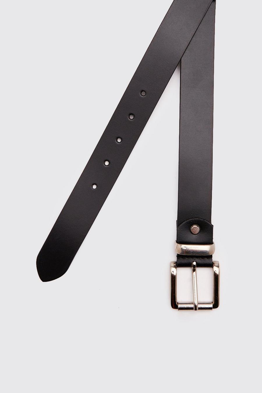 Cinturón liso de piel auténtica con hebilla de rodillo, Negro image number 1
