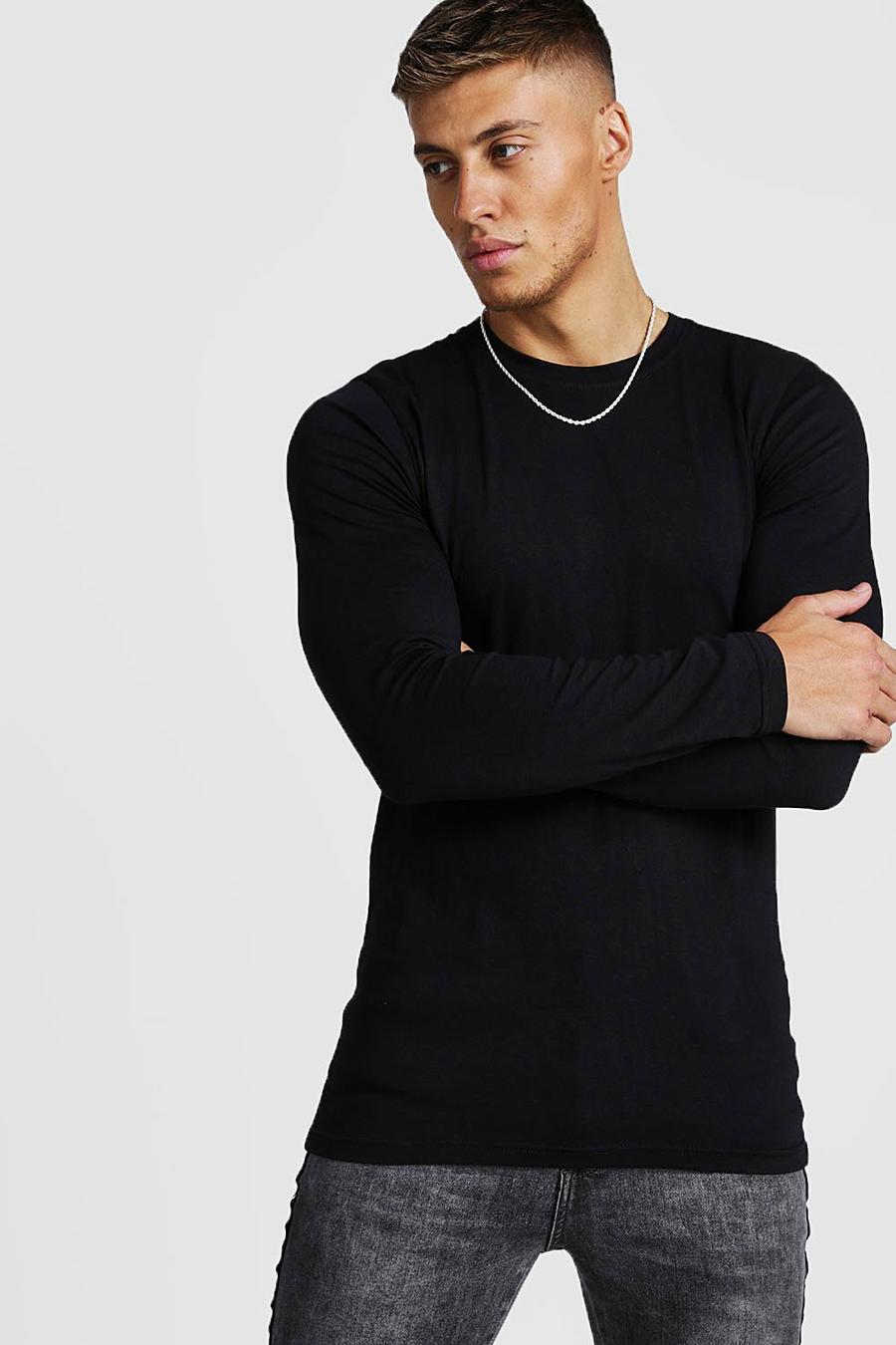 Zwart Muscle Fit Shirt Met Lange Mouwen image number 1