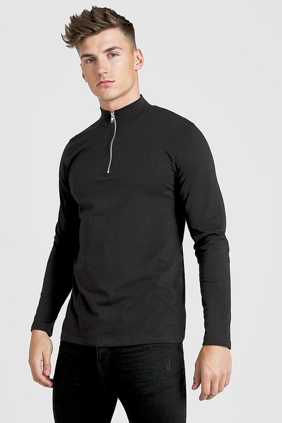 Black Long Sleeve T-Shirt With 1/4 Zip Funnel Neck image number 1