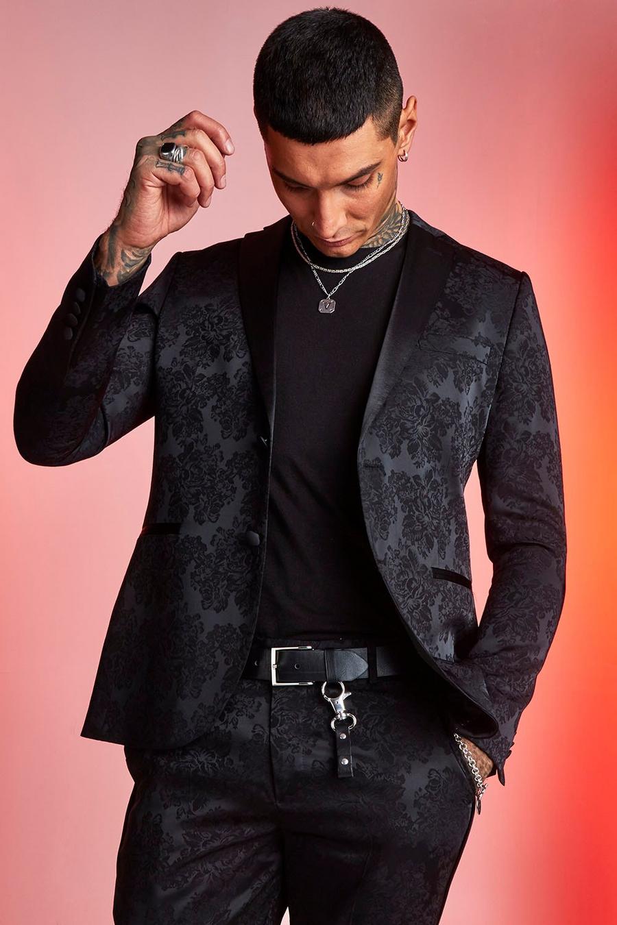 Black Paisley Jacquard Skinny Fit Suit Jacket image number 1