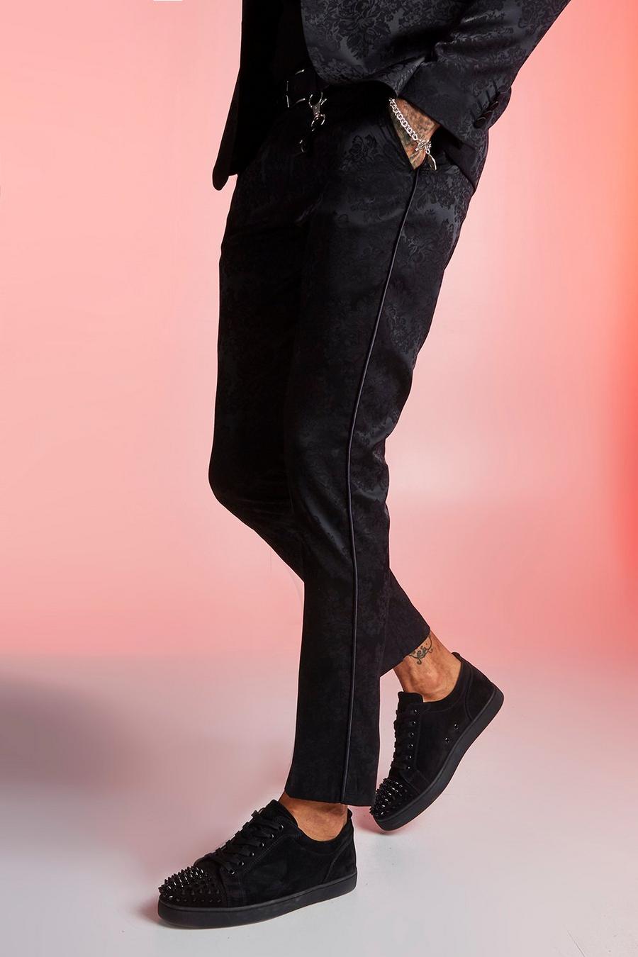 Pantaloni da completo a vestibilità skinny in jacquard a motivo cachemire, Nero image number 1