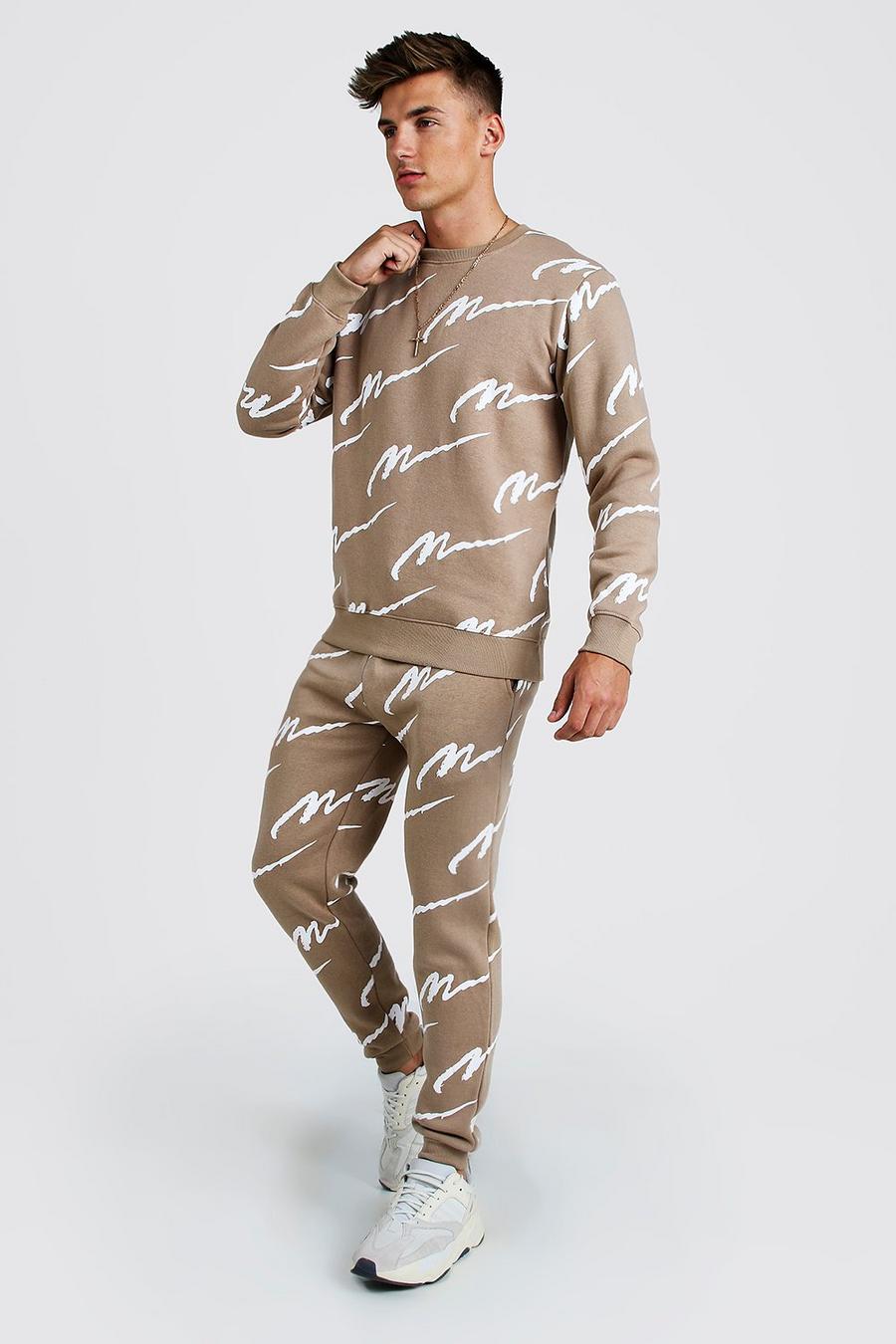 Taupe beige All Over MAN Printed Sweater Tracksuit image number 1