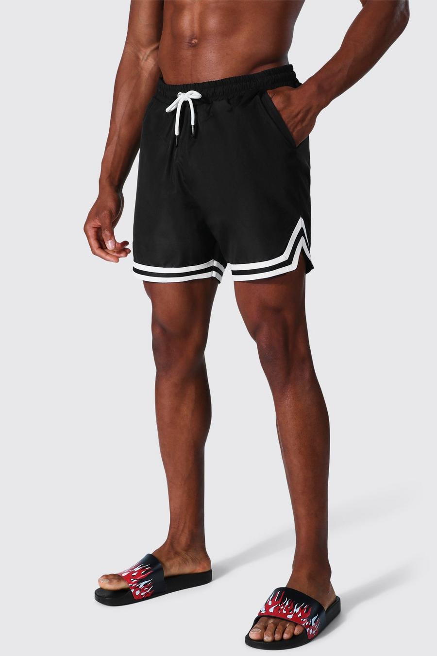 Black Mid Length Swim Short With Tape Detail image number 1