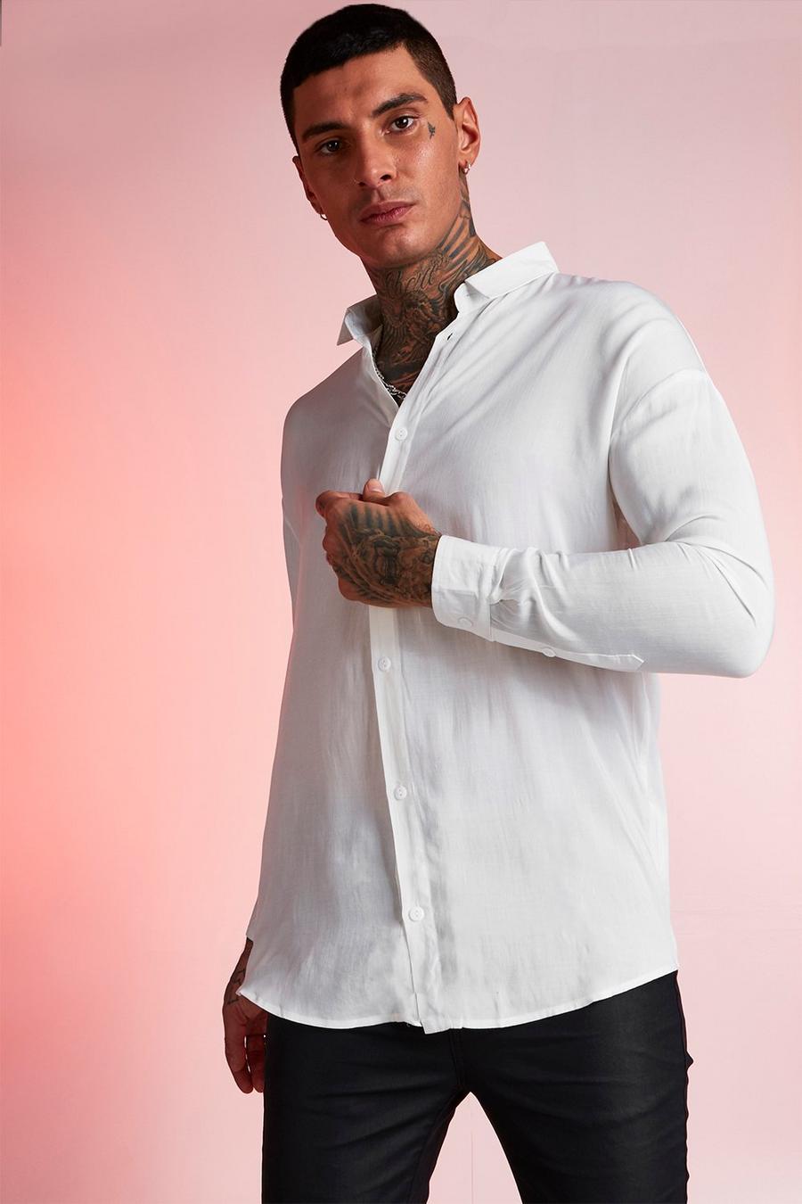 Camisa de viscosa de manga larga, Blanco image number 1