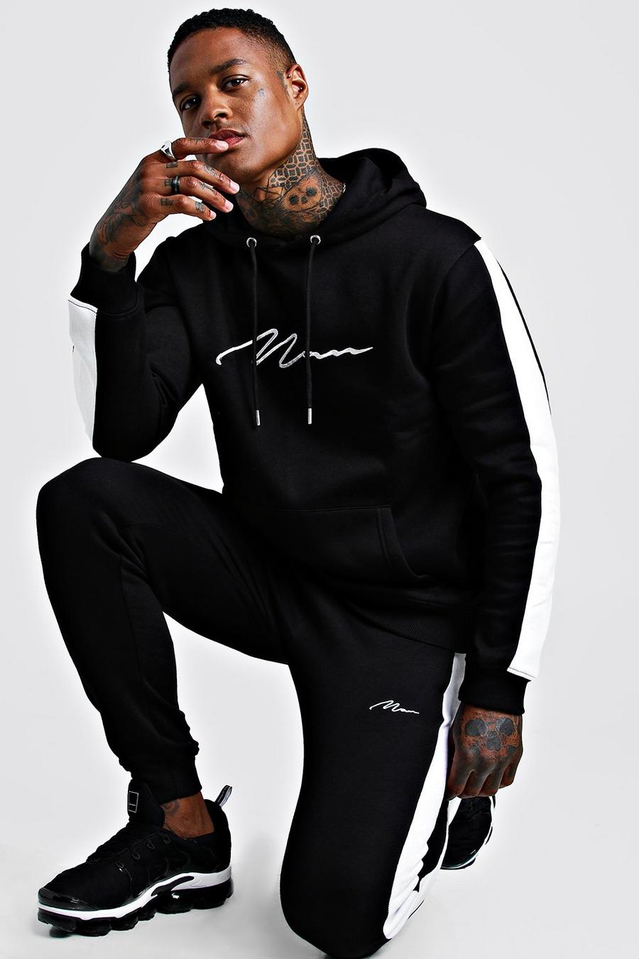 Black Contrast Panel Tracksuit With White Man Embroidery image number 1