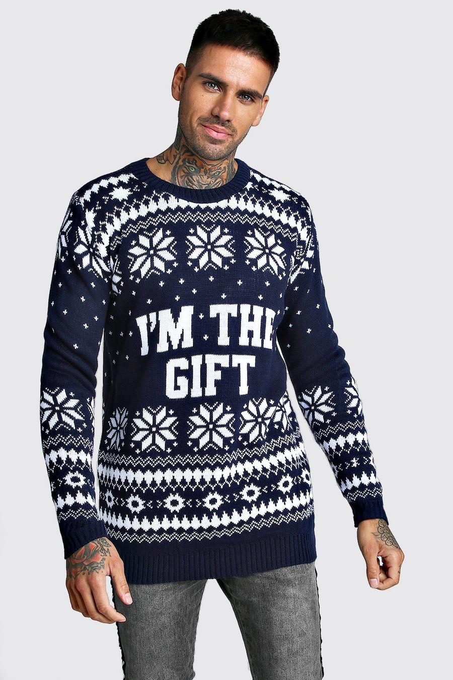 Pullover natalizio “I'm the gift” in maglia, Blu oltremare image number 1