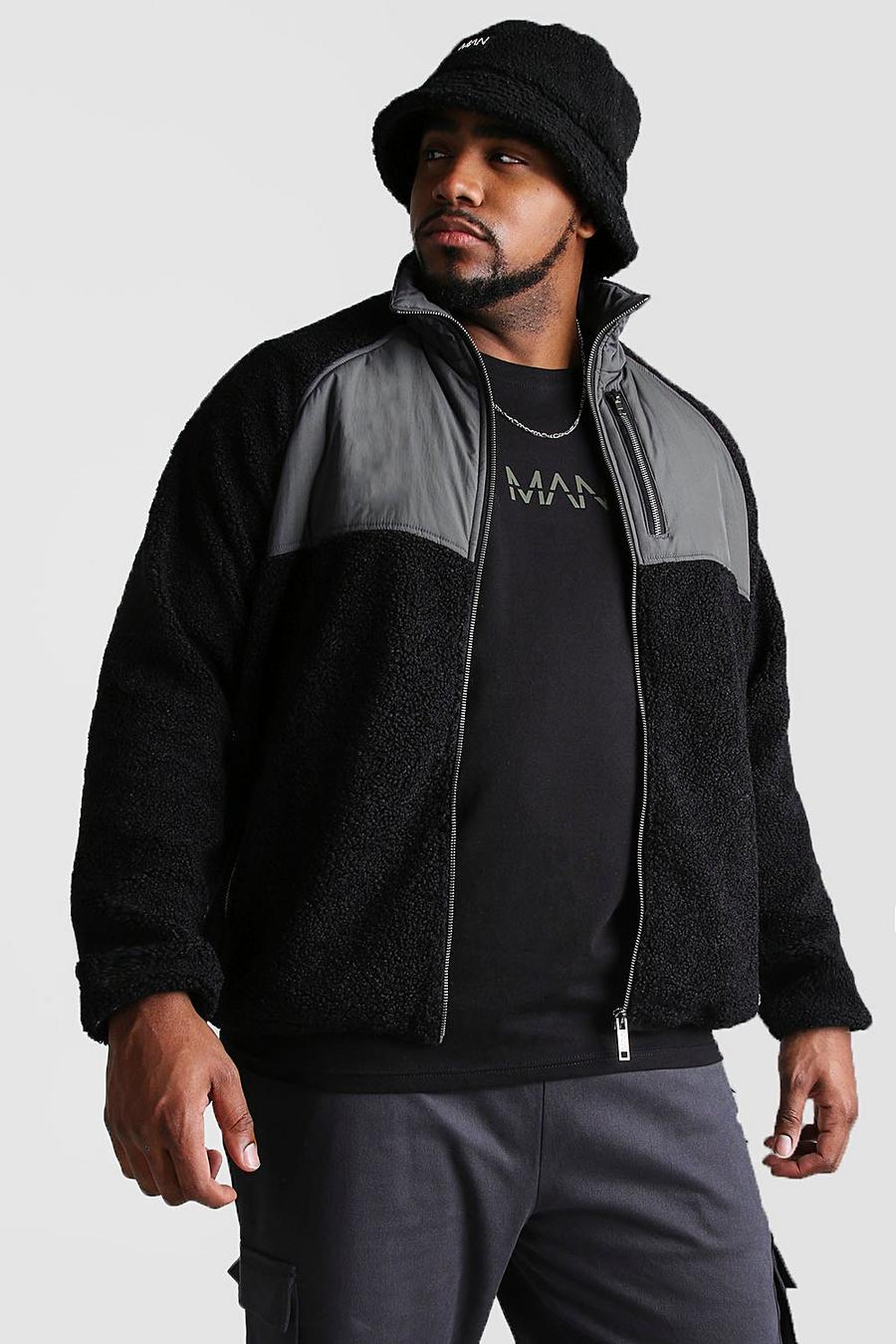 Black Plus Size Fabric Mix Borg Jacket image number 1