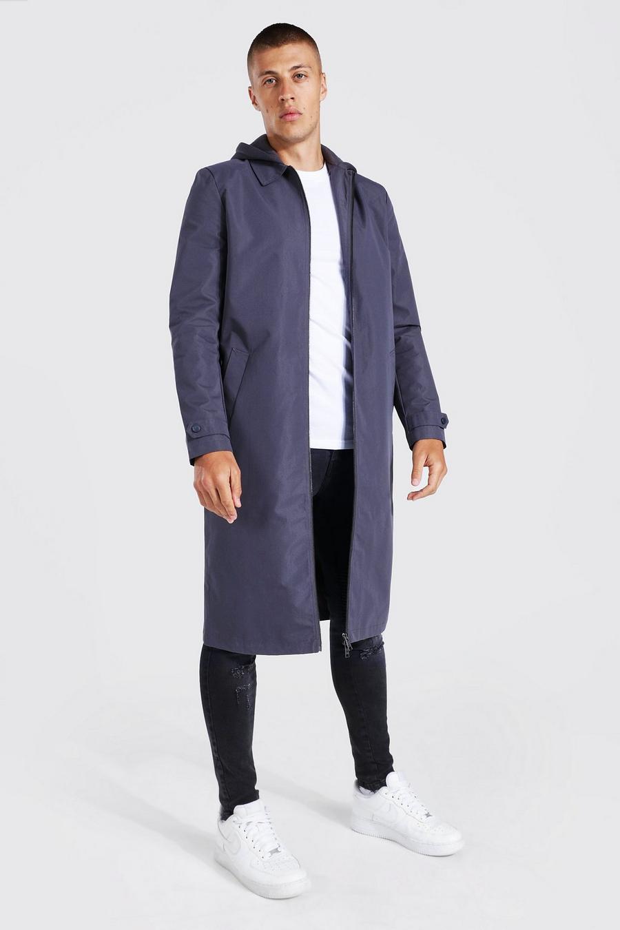 Grey gris Long Length Zip Through Mac With Jersey Hood image number 1
