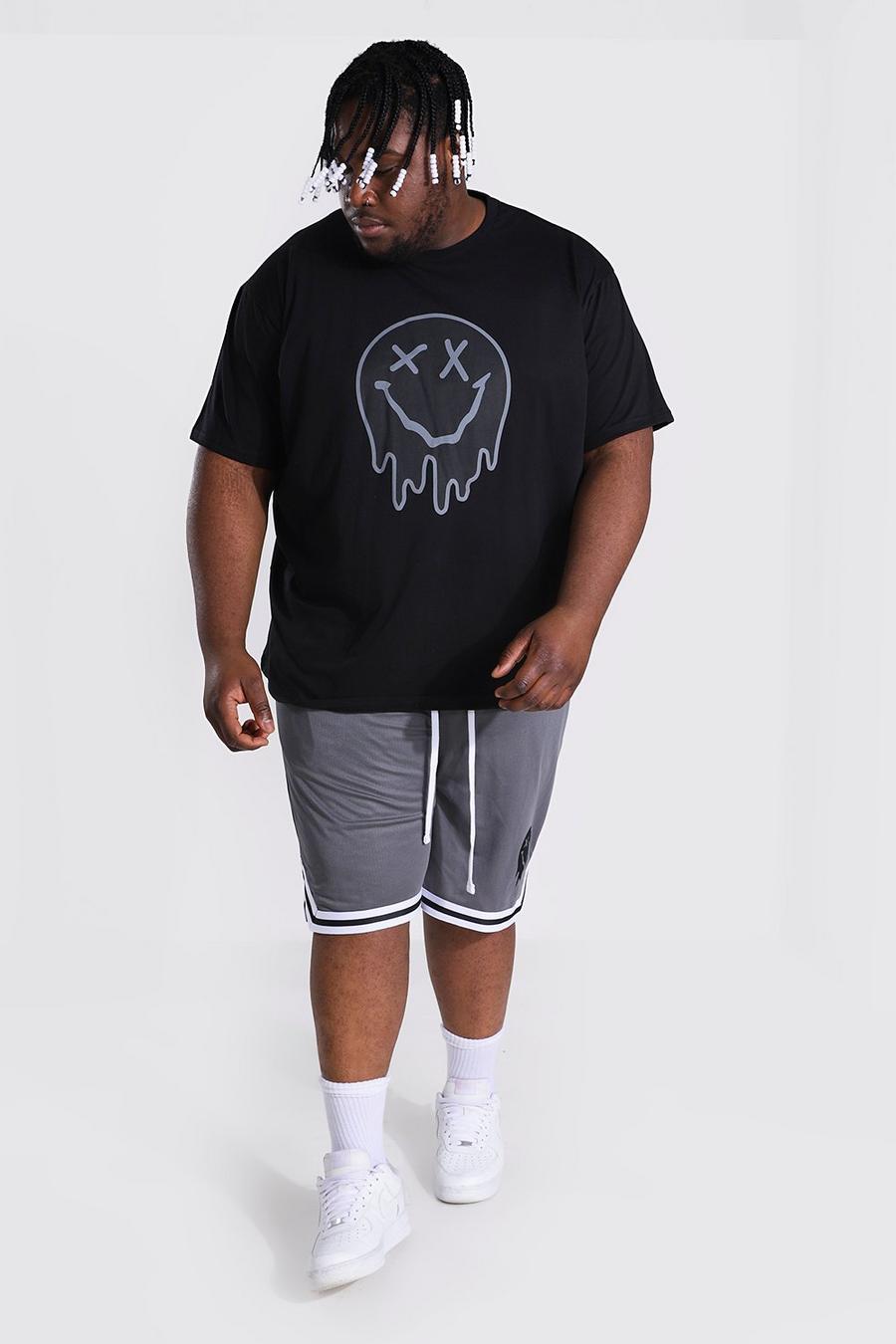 Black Plus Size Baggy Druipende Smiley T-Shirt En Shorts Set image number 1