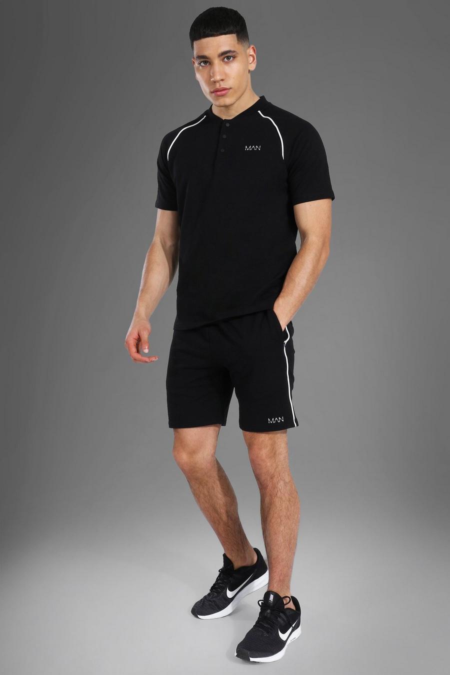 Man Active Set mit Poloshirt mit Rundhalsausschnitt und Shorts, Schwarz image number 1