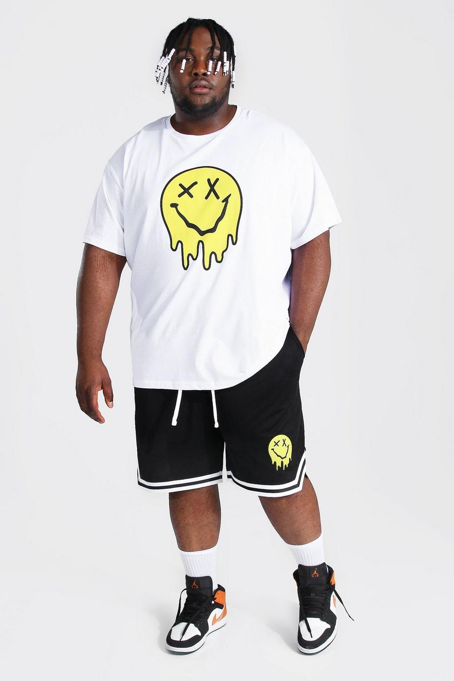 Plus Size Loose Fit Set aus T-Shirt mit „Drip Face“-Print und Shorts, Weiß image number 1