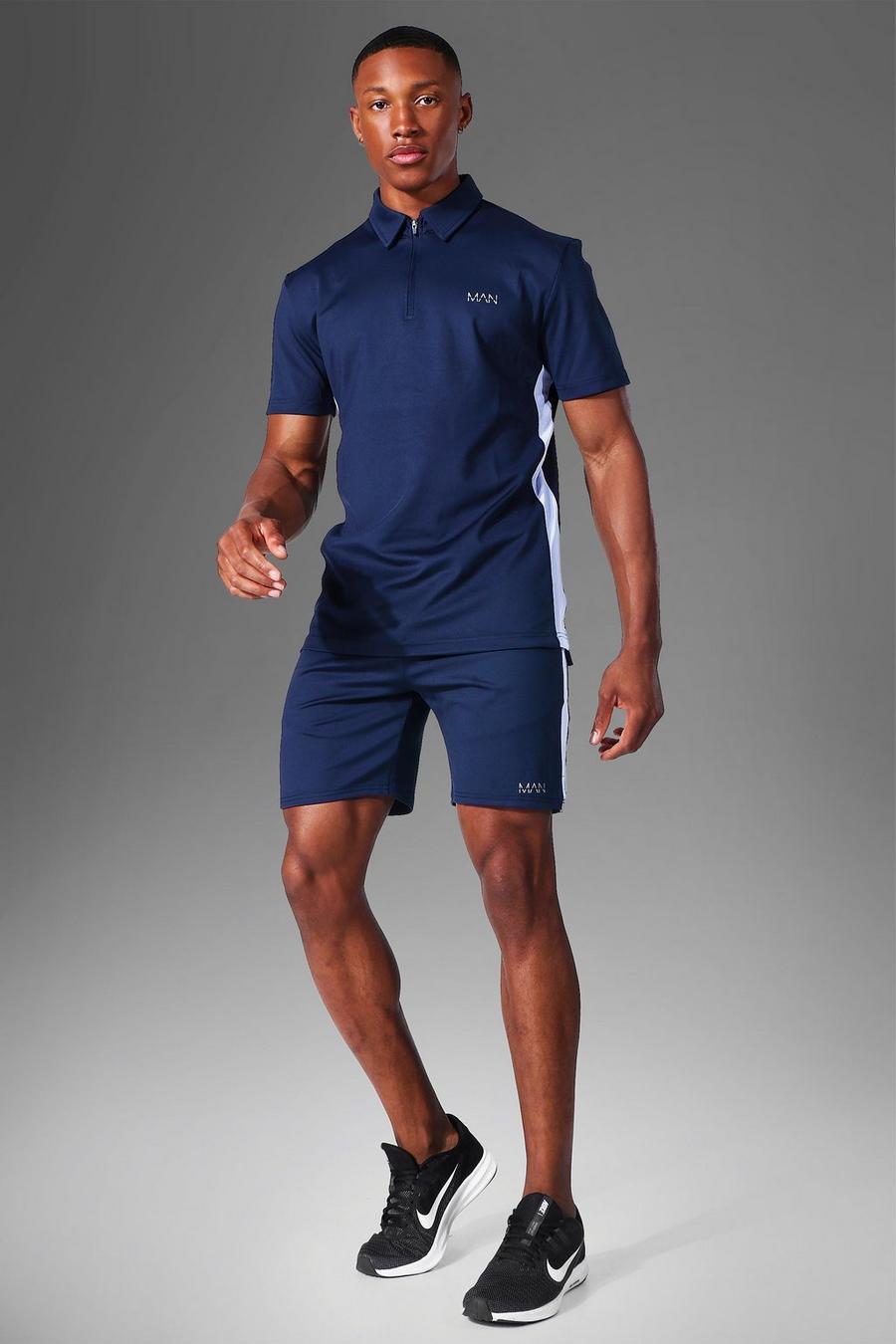 Man Active Polo Top & Shorts Set, Navy image number 1