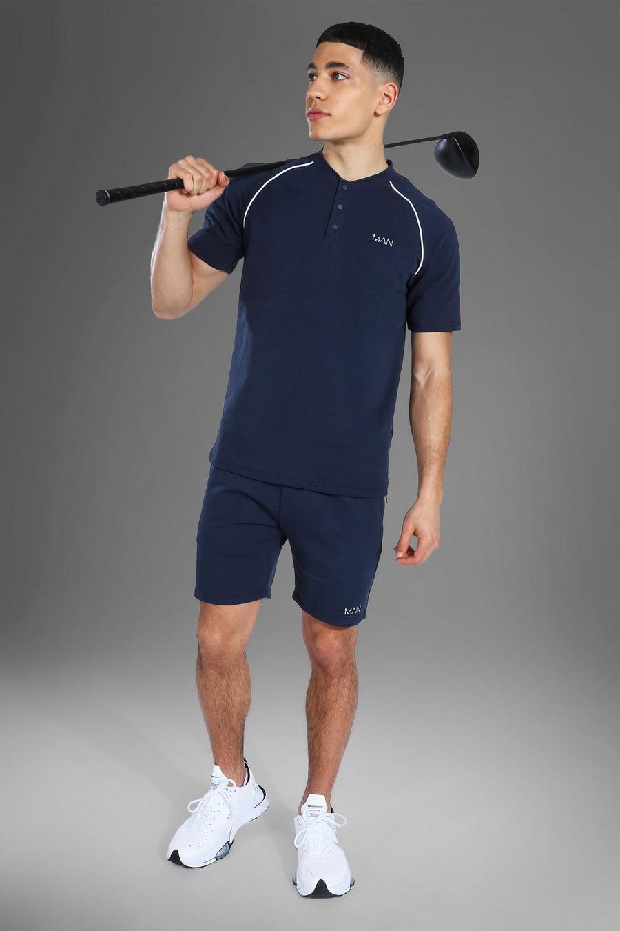 Navy Man Active Gym Crew Neck Polo Top Short Set image number 1