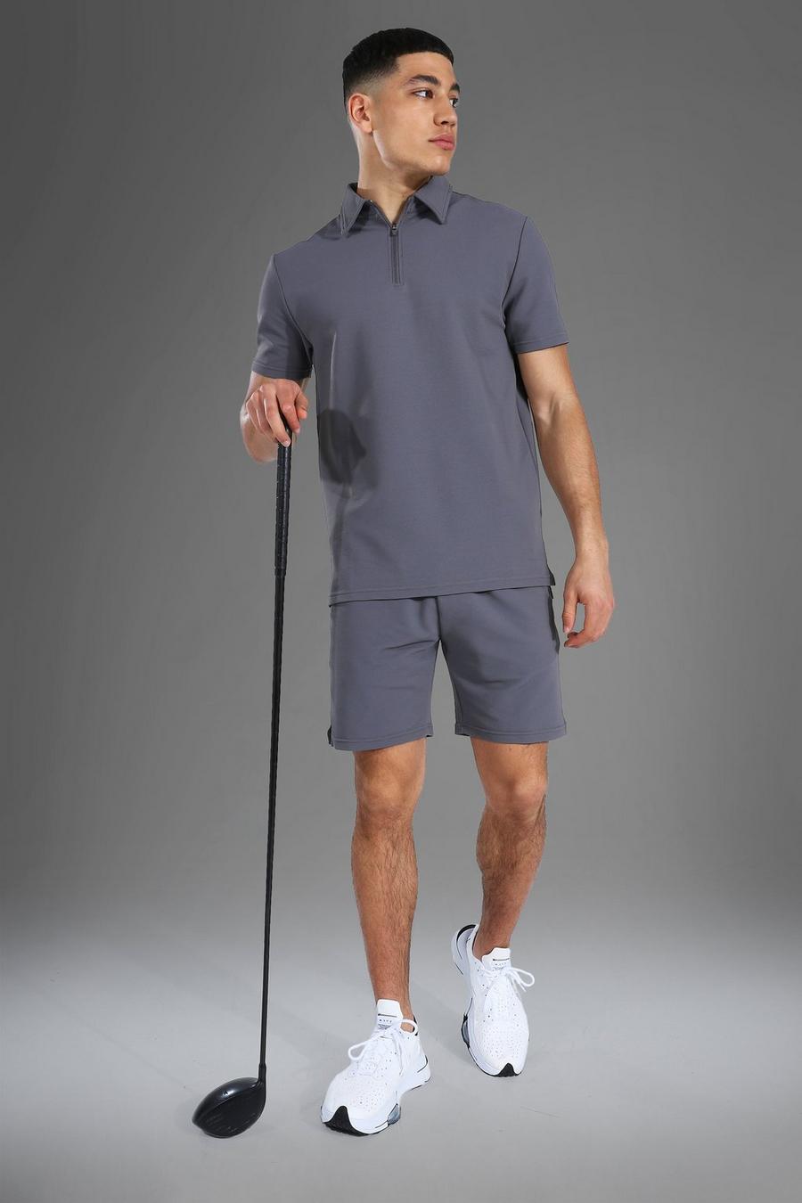 Man Active Set mit geripptem Poloshirt und Shorts, Grau image number 1