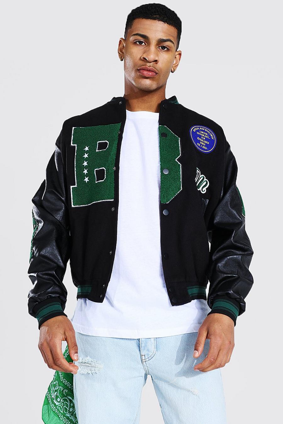 Black B Varsity Bomber With Faux Leather Sleeves image number 1