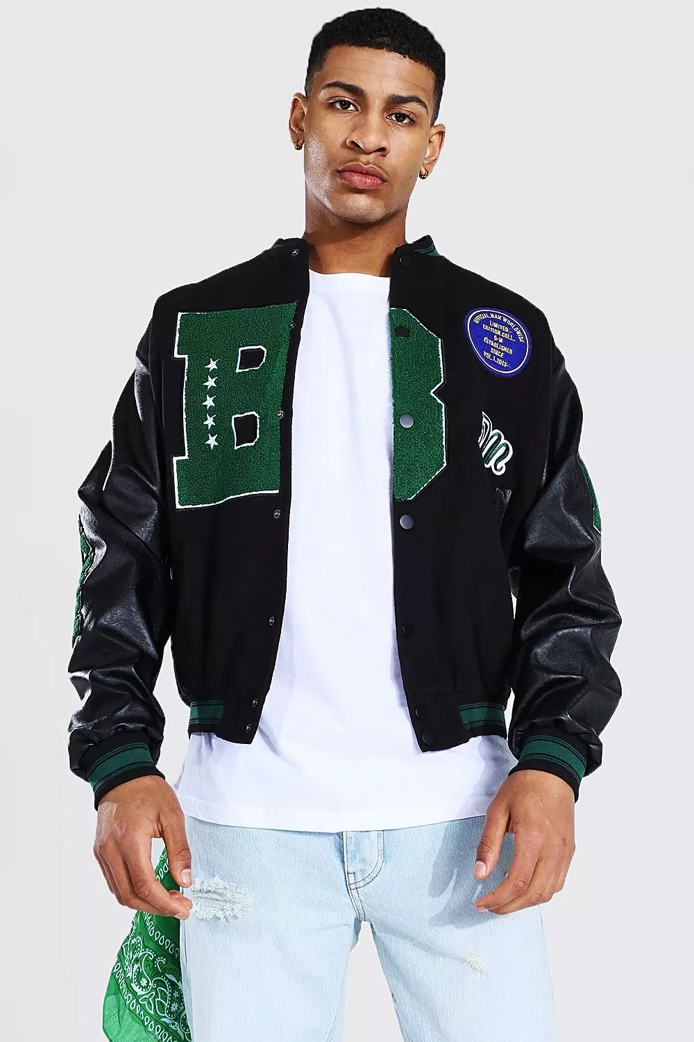 B Varsity Bomber With Leather Look Sleeves