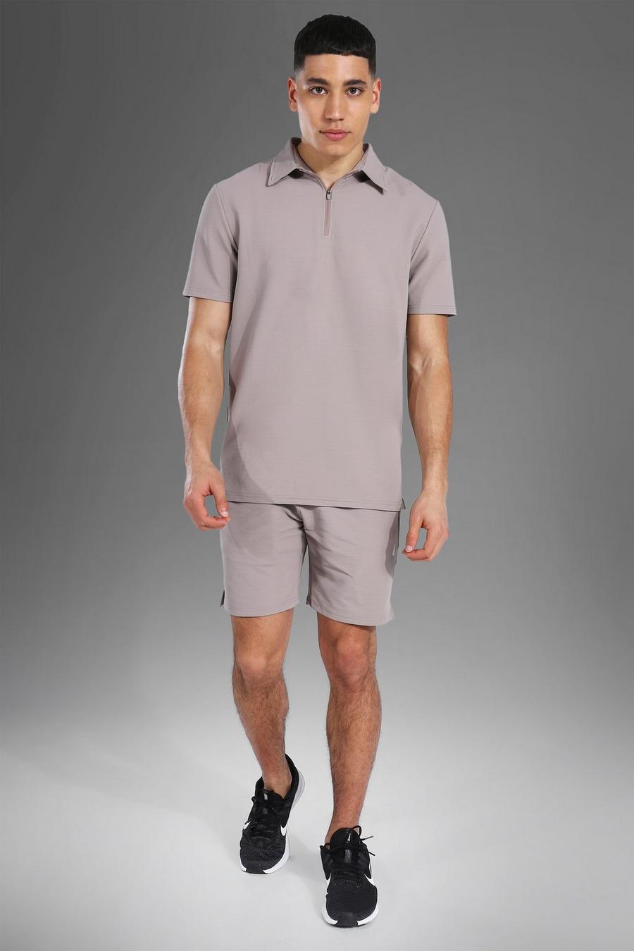 Man Active Set mit geripptem Poloshirt und Shorts, Beige image number 1