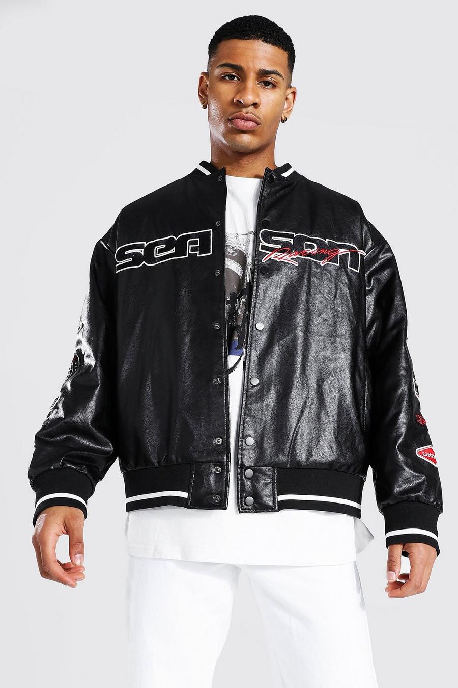Oversized Season Leather Look Varsity Jacket | boohoo Oversized Season Leather Look Varsity Jacket | boohoo