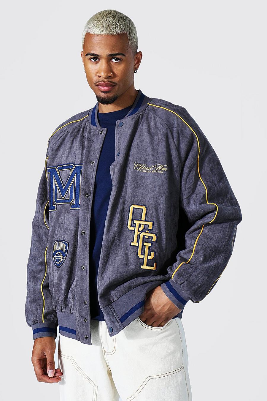 Charcoal Oversized Suedette Varsity Jacket With Piping image number 1