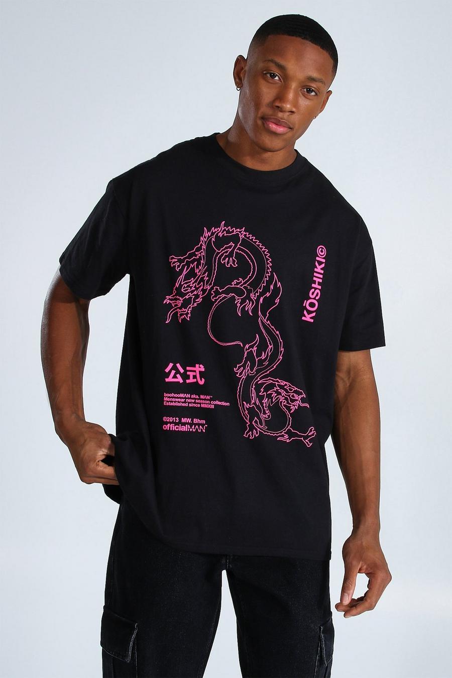 T-Shirt in Übergröße mit Dragon-Print, Schwarz image number 1