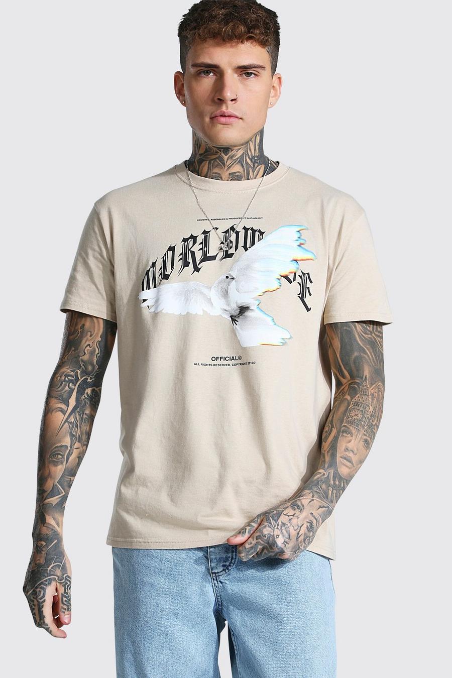 T-shirt taglio rilassato con stampa di tortora e scritta Worldwide, Sabbia image number 1