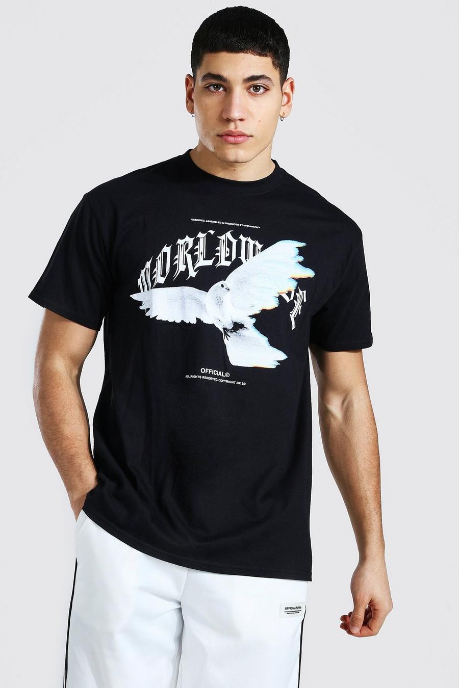 Camiseta holgada con estampado de paloma y “Worldwide”, Negro image number 1