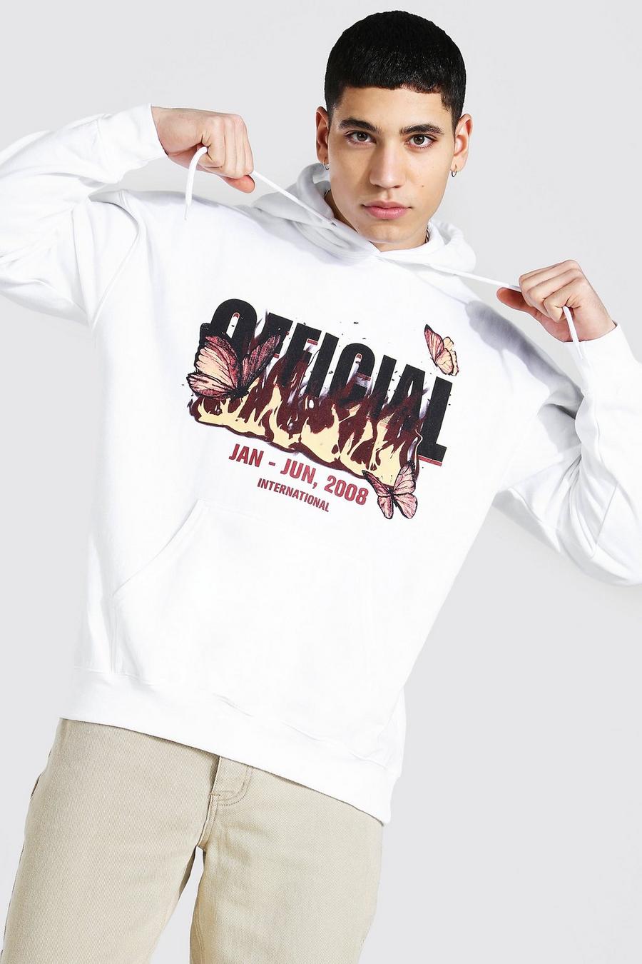 White Oversized Official Skull Flame Print Hoodie image number 1