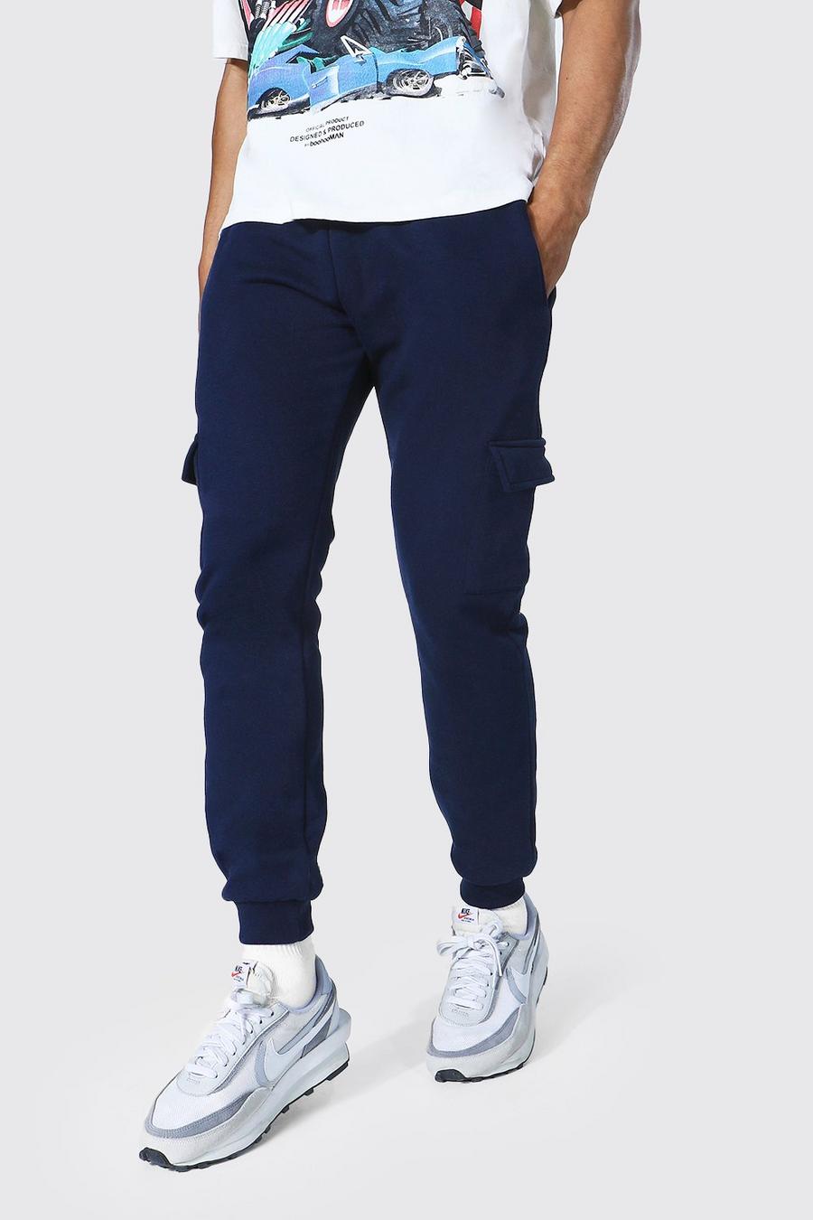 Pantalones de deporte de punto con bolsillos básicos ajustados, Azul marino image number 1