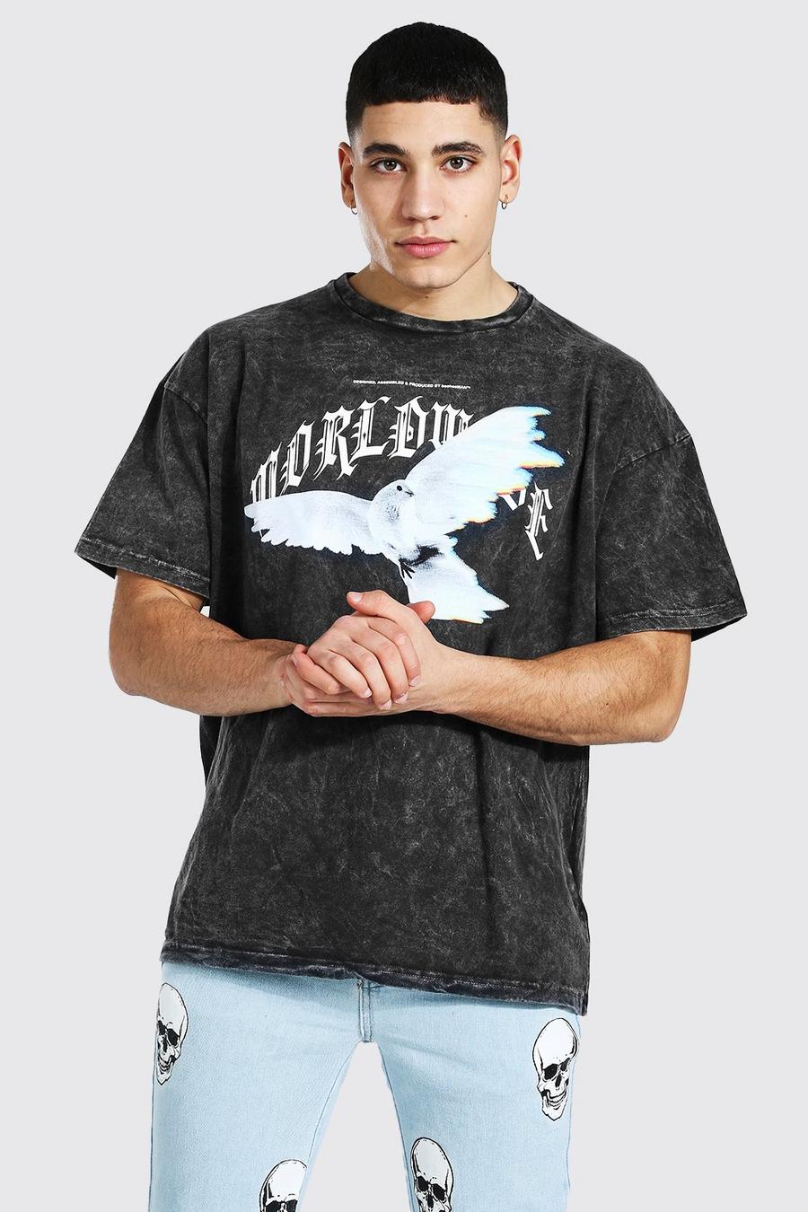 Camiseta ancha con estampado de paloma con llamas, Lavado vintage image number 1