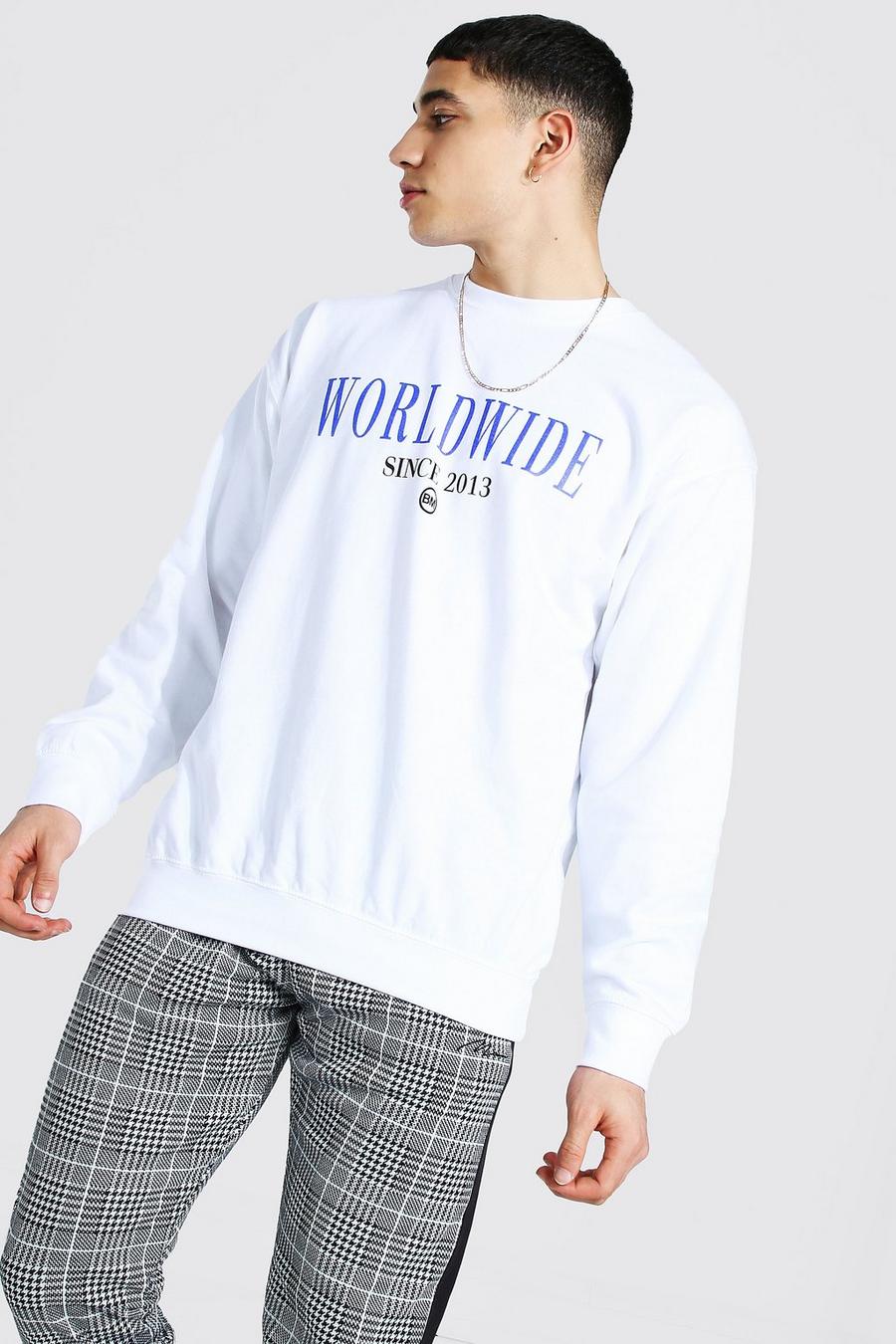 White Worldwide Oversize sweatshirt med tryck image number 1