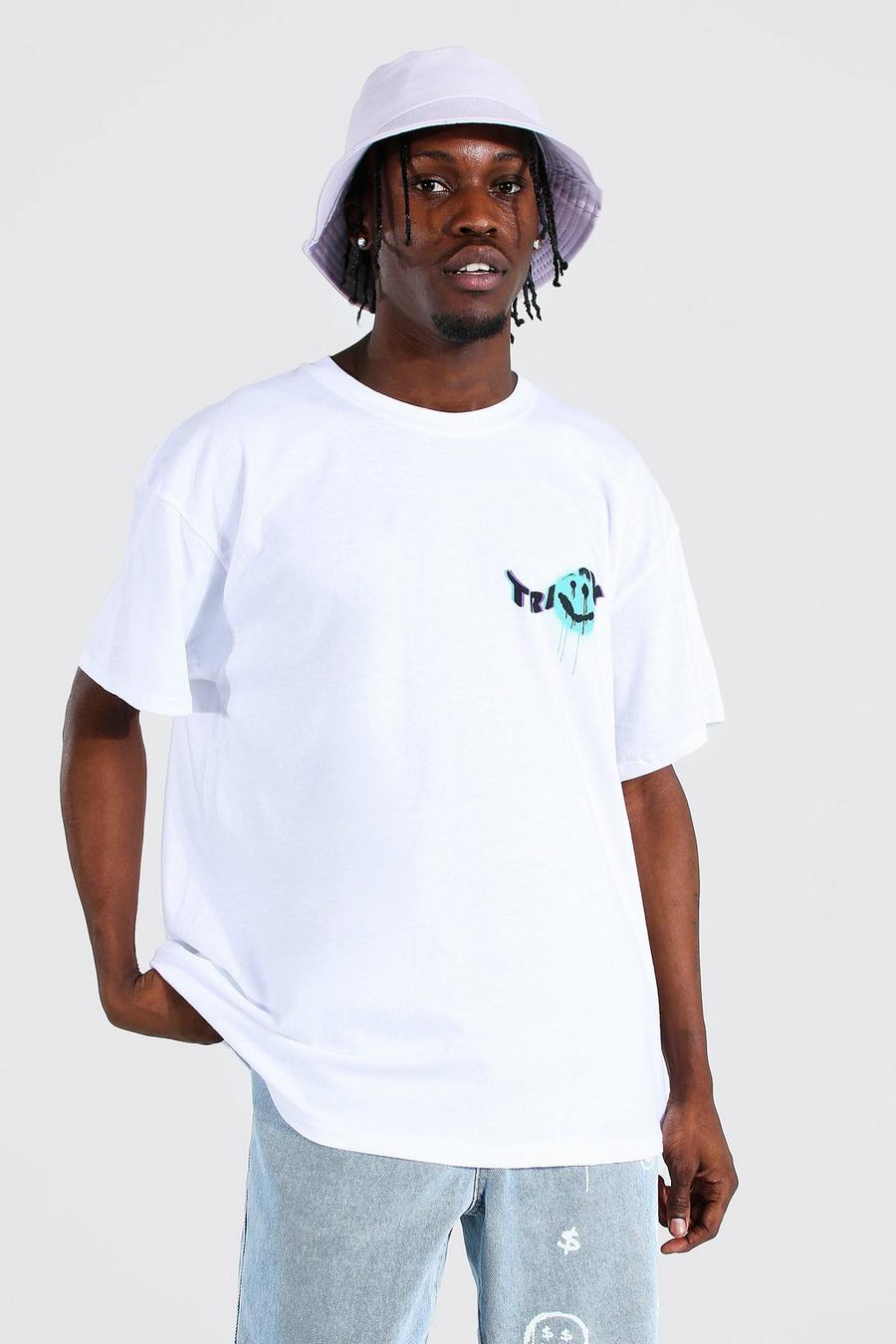 White Oversized Trippy Graffiti Print T-Shirt image number 1