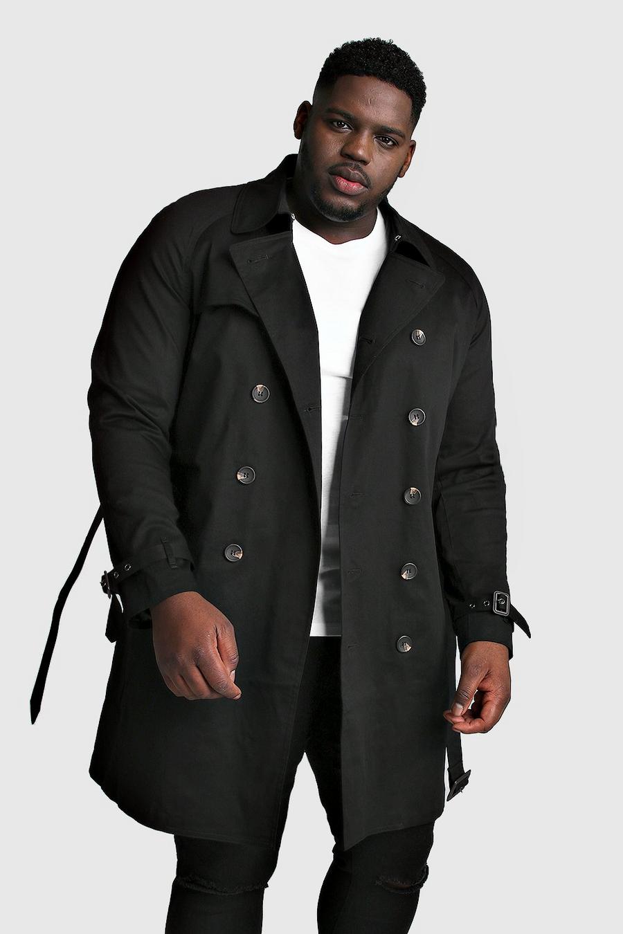 Big And Tall Zweireihiger Trenchcoat, Black image number 1