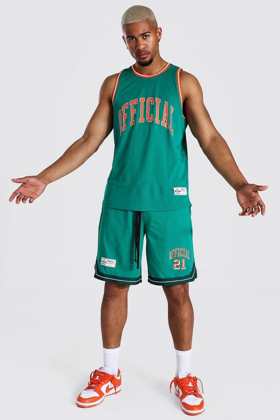 Conjunto de pantalones camiseta de tirantes de baloncesto de malla Official, Verde image number 1