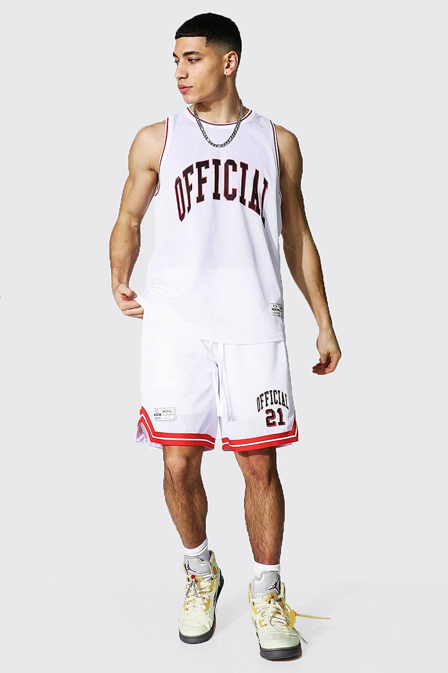 Conjunto de pantalones camiseta de tirantes de baloncesto de malla Official, Blanco image number 1