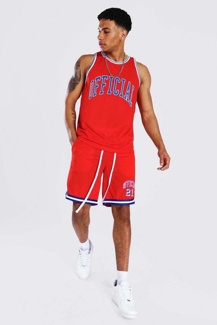 Conjunto de pantalones camiseta de tirantes de baloncesto de malla Official, Rojo image number 1