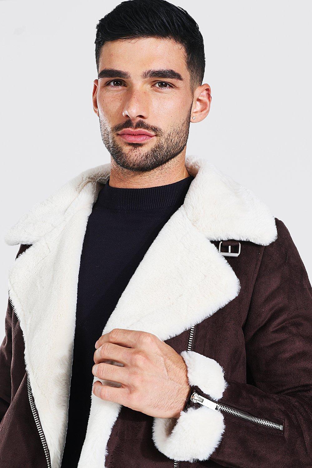 Men's Faux Fur Lined Suede Aviator Jacket