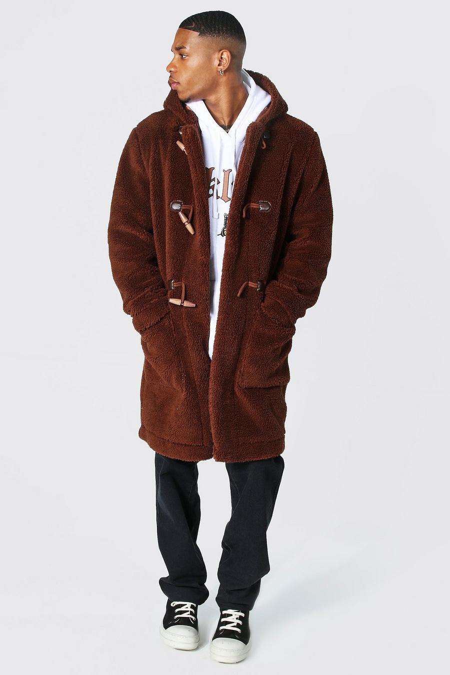 Abrigo de lana gruesa con capucha de borrego, Chocolate marrone