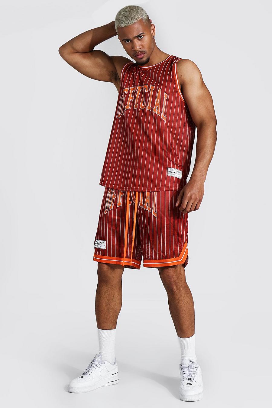 Conjunto de pantalones camiseta de tirantes de baloncesto de malla a rayas Official, Marrón image number 1