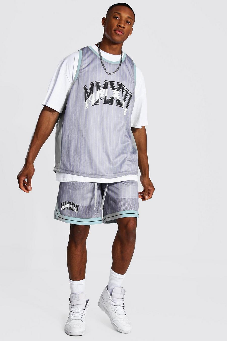 אפור סט תלבושת כדורסל 3 חלקים אוברסייז עם פסים מבד רשת image number 1