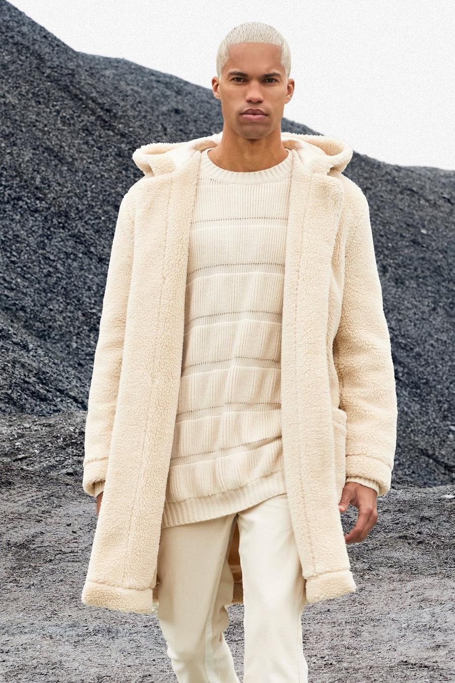Abrigo de lana gruesa con capucha de borrego, Ecru bianco
