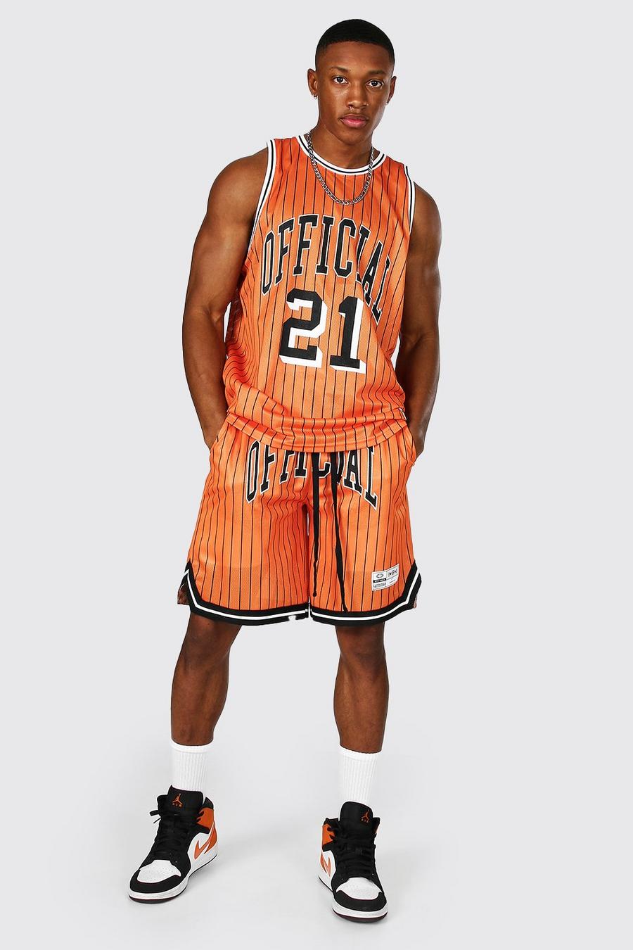 Conjunto de pantalones camiseta de tirantes de baloncesto de malla a rayas Official, Naranja image number 1