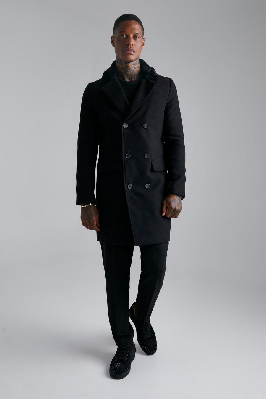 Black Double Breasted Faux Fur Overcoat image number 1