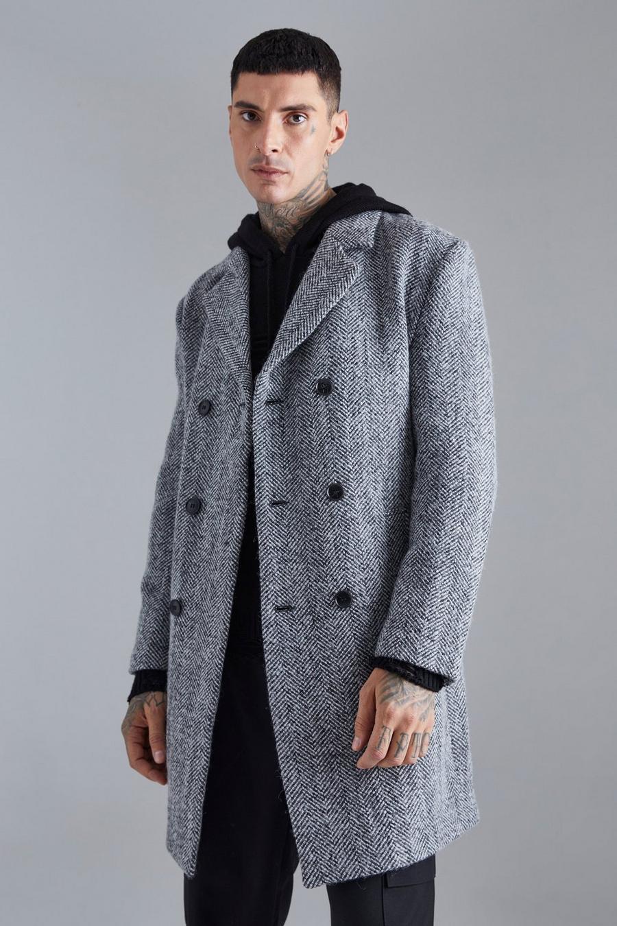Black Wollen Herringbone Overcoat
