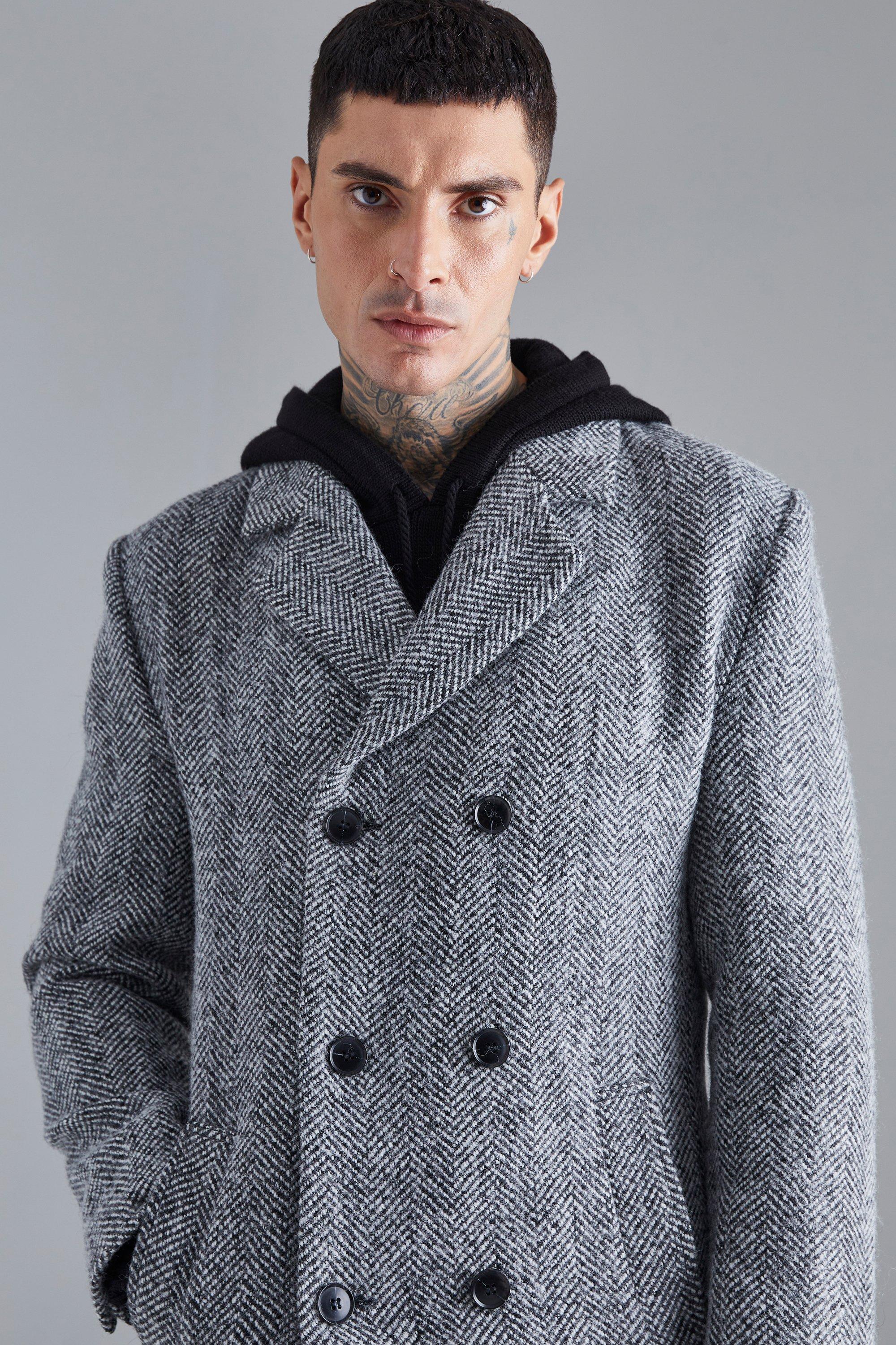 Men Long Overcoat Black Herringbone Wool Blend Coat Winter Business Outwear