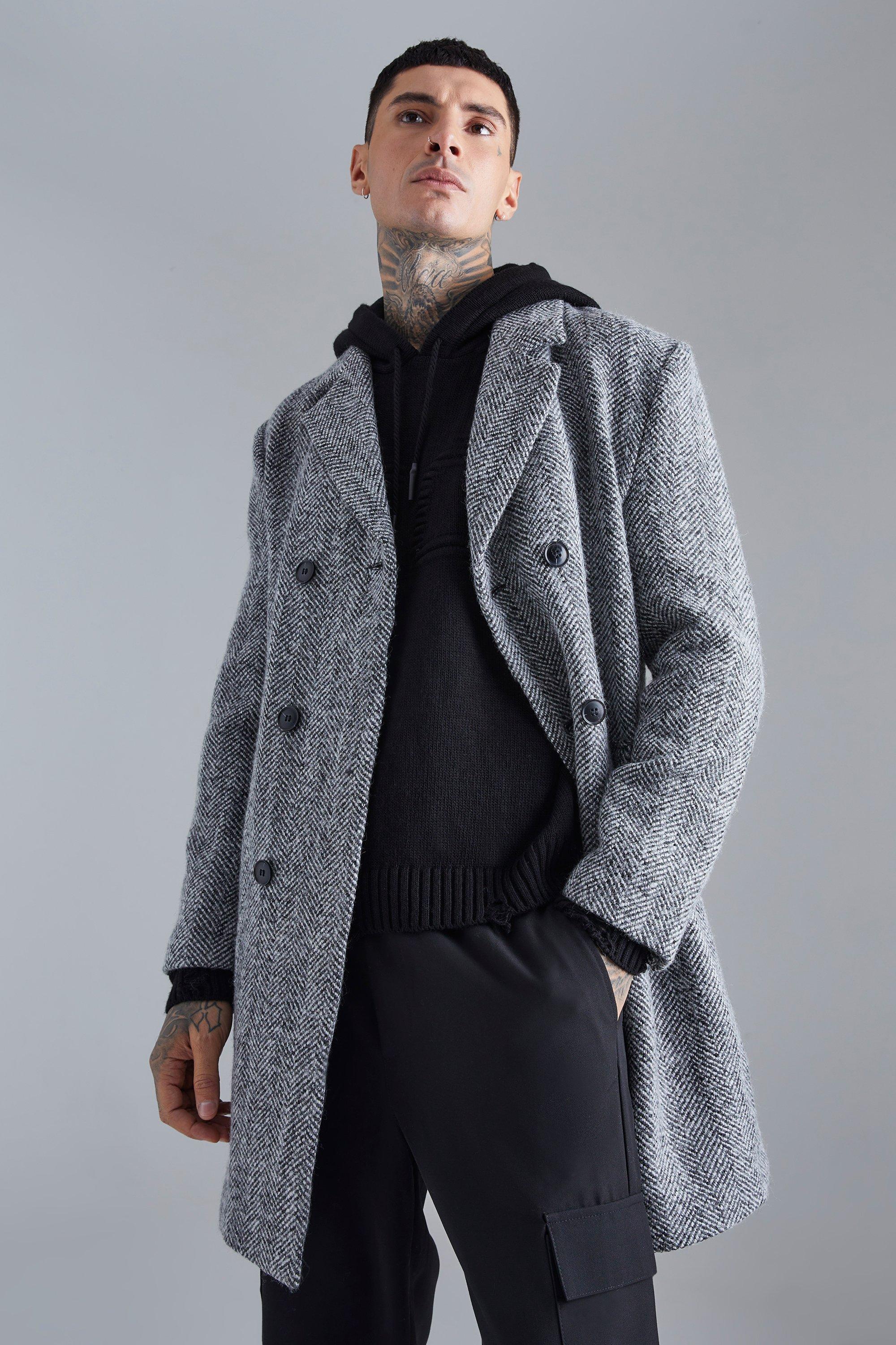 Wool Blend Herringbone Overcoat | boohoo