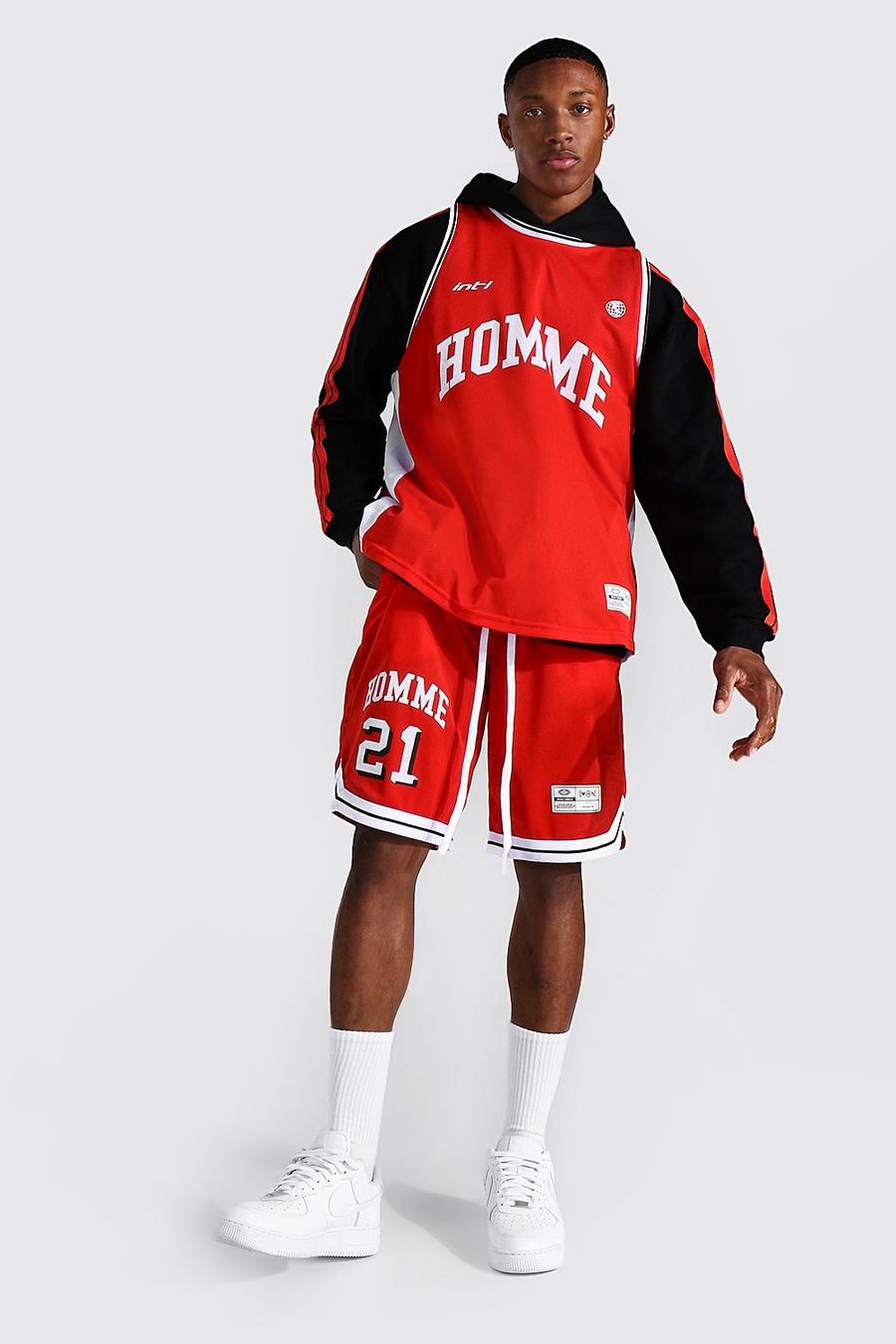 Red Oversized Homme Mesh Hooded Basketball Set image number 1