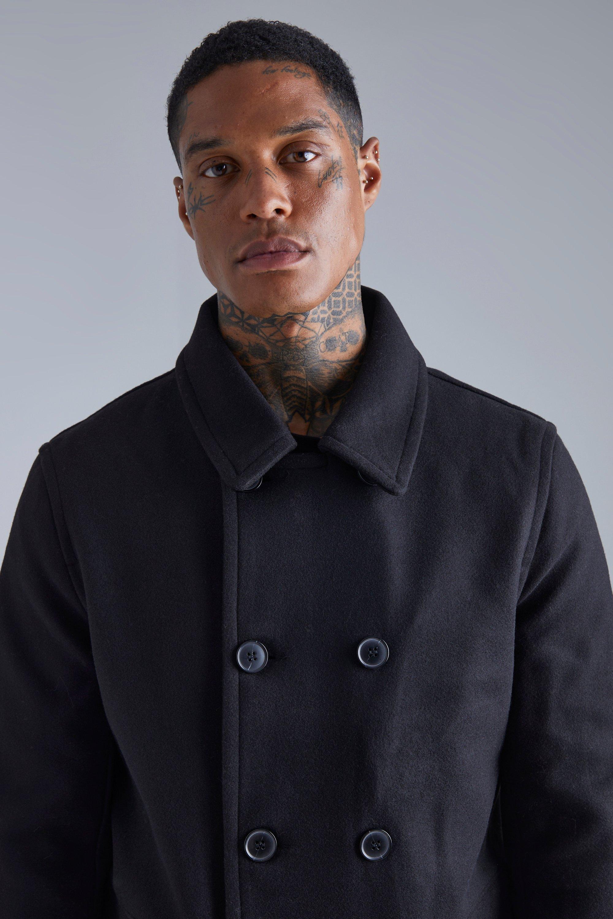 Men's Wool Look Pea Coat | Boohoo UK